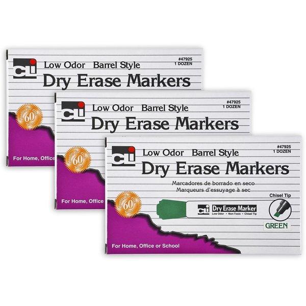 Charles Leonard Dry Erase Markers, Barrel Style, Chisel Tip, Green, PK36 47925